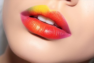 Woman's lips with colorful red, pink and yellow lipstick. KI generiert, generiert AI generated