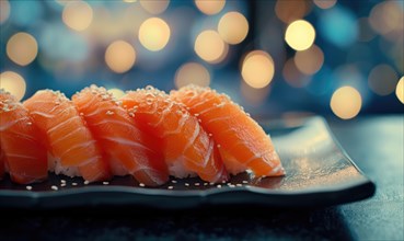 Salmon sushi on a blue plate with bokeh background AI generated