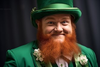 Man with red beard dressed up as Irish St. Patrick's day leprachaun. KI generiert, generiert AI