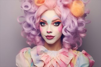 Woman dressed up as pastel colored clown. KI generiert, generiert AI generated
