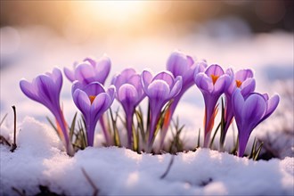 Purple Crocus spring flowers in snow. KI generiert, generiert AI generated
