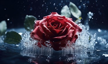 A red rose in full bloom with water splashing around it, creating a romantic atmosphere AI