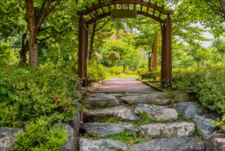 Stone steps to walkway through wooden tunnel in public park in South Korea