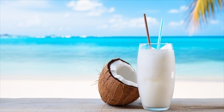 Tropical cocktail with drinking straws and coconut with beach in background. KI generiert,