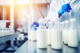 Bottles of milk in science lab. Lab cultivated milk concept. KI generiert, generiert AI generated