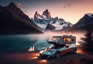 A luxury italian sports supercar with a camper attachment custom conversion, parked by a lake with