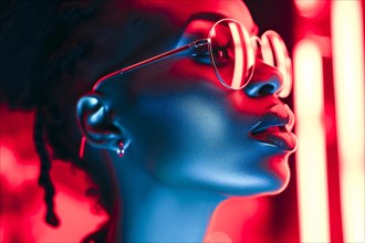 Portrait of a woman with futuristic neon blue light and red colour accents, trendy glasses, AI