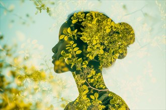Elegant profile of a woman, superimposed with a yellow leaf pattern in double exposure, symbolic