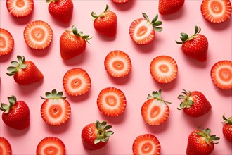 Top view of strawberry slices and whole fruits on pink background. KI generiert, generiert AI
