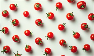 Cherry tomatoes pattern on white background. Flat lay, top view AI generated