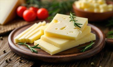 Slices of cheese with rosemary and tomatoes on a wooden background AI generated