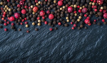 Black, red and white peppercorns on dark stone background. Space for text AI generated