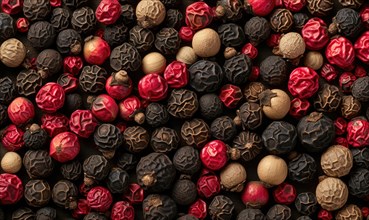 Black, red and white peppercorns on a black background. Top view with copy space AI generated