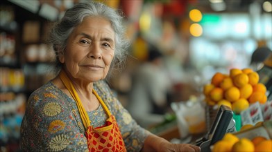 60 year old Mexican lady in her fruit and vegetable store in a market, AI generated