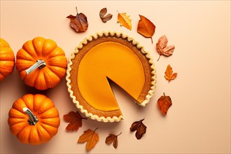Top view of pumpkin pie with autumn leaves. KI generiert, generiert AI generated