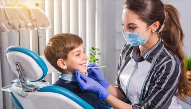 AI generated, dentist treats little boy, dentist, blonde, 30, 35, years, dental treatment,