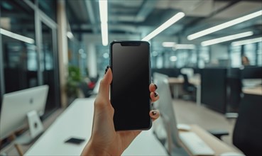 Mockup image of female hands holding black mobile phone with blank screen AI generated