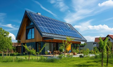 Modern house with solar panels installed on the roof. Modern house with solar panels installed on