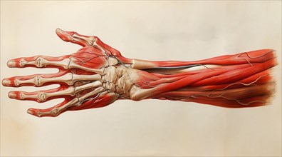Detailed medical illustration of a dissected hand showing muscles and skeletal structure, AI