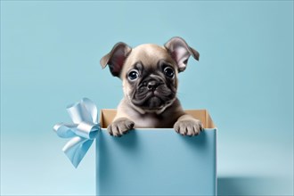 Cute dog puppy in blue gift box. KI generiert, generiert AI generated