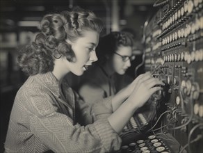 Factory work of the last century (around 1960) women work diligently as telephone operators, AI