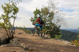 Mountain biker enjoys the view of the Palatinate Forest from the Drachenfels plateau