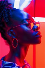 Woman in profile with reflective glasses, surrounded by red neon lights emphasising her Afro