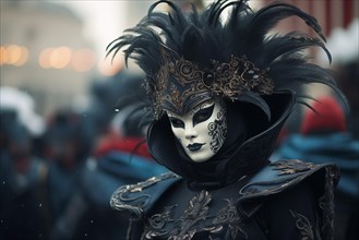 A person adorned in a richly detailed mask and costume, capturing the essence of the Venice