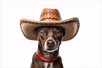 Dog with cowboy hat on white background. KI generiert, generiert AI generated