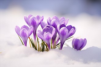 Purple crocus spring flowers in snow. KI generiert, generiert AI generated