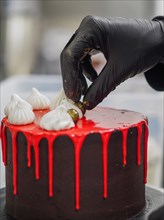 Pastry chef Gloved hand delicately placing a gold-colored chocolate sweets topping decoration on a
