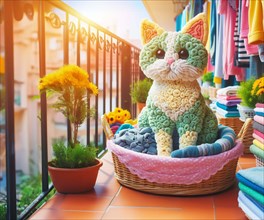 A textured knit cat sculpture made of cloth in a basket on a sunny balcony next to a potted plant,