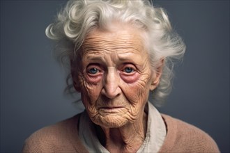 Portrait of very old wrinkled woman with gray hair. KI generiert, generiert AI generated