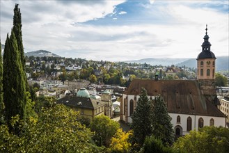 Panorama with collegiate church, Baden-Baden, Black Forest, Baden-Wuerttemberg, Germany, Europe
