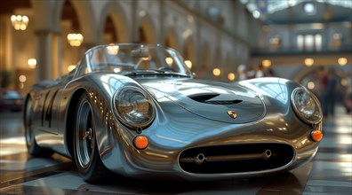A shiny silver vintage Porsche displayed in a luxurious indoor setting with warm lighting, ai