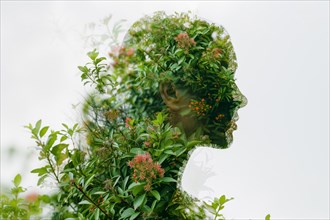 Profile of a lady in double exposure with green leaves and red flowers, symbolic image for