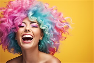 Laughing woman with multicolored hair. KI generiert, generiert AI generated