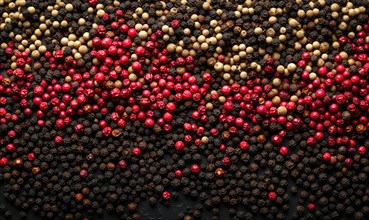 Red, black, white and pink peppercorns on black background AI generated