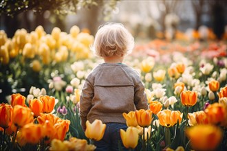 Back view of young child between colorful spring tulip flowers. KI generiert, generiert AI