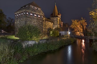 Wenzelburg or Laufer Kaiserburg castle illuminated at night, rebuilt by Emperor Charles IV in 1556,