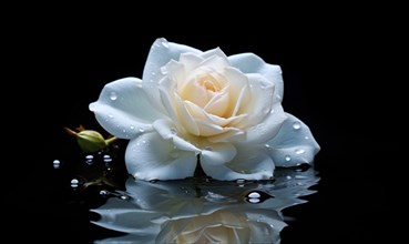 One white rose with delicate water droplets on a reflective surface and dark background AI