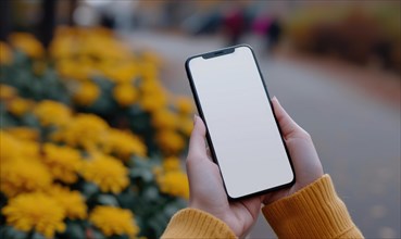 Female hands holding a smartphone with a white screen on the background of yellow flowers AI