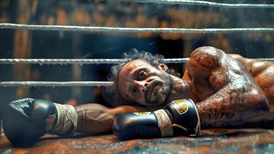 Symbol image for a defeat, a boxer is knocked out on the floor in the ring, AI generated, AI