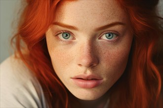 Face of young woman with red hair and many freckles. KI generiert, generiert AI generated