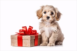 Cute small dog next to gift box on white background. KI generiert, generiert AI generated