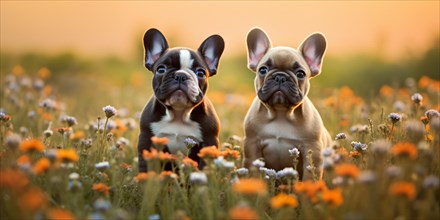 Pair of French Bulldog dogs in summer meadow full of flowers. KI generiert, generiert AI generated