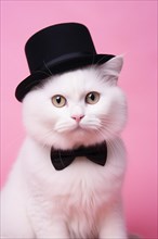 White cat with black top hat and bowtie on pink background. KI generiert, generiert AI generated
