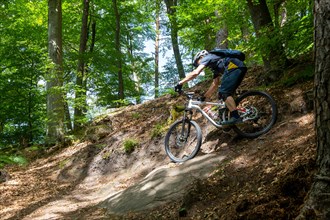 Mountain biker negotiates a tight hairpin bend in the Pfaelzerwald mountain bike park near Dahn