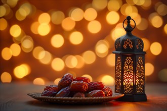 Ramadan lantern to a plate of succulent figs on bokeh background, set on an ornate table with