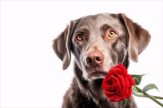 Dog with red rose on white background. KI generiert, generiert AI generated